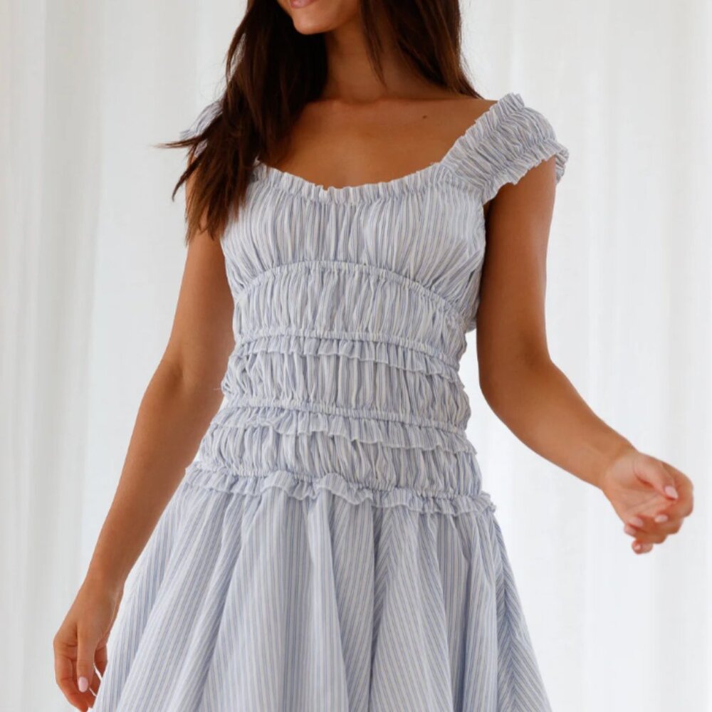 Fortunate One blue and white striped ruffle mini dress, size S